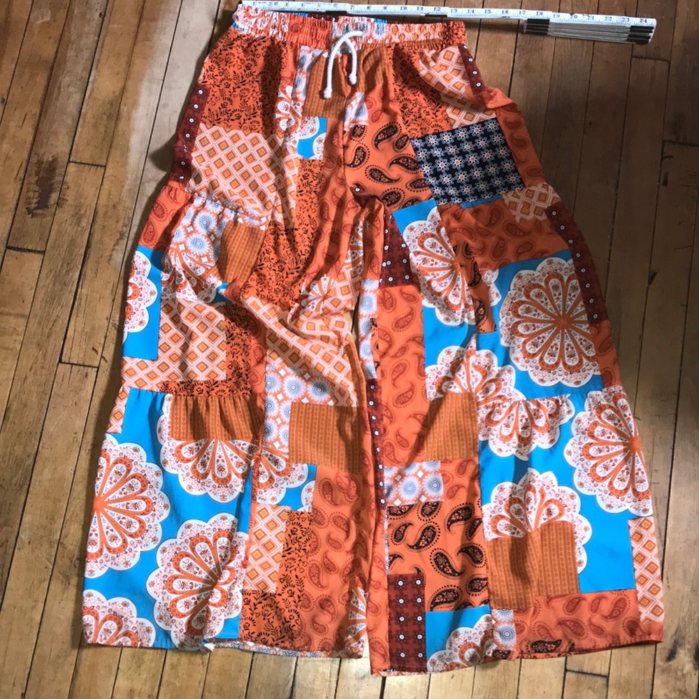 Boho Patchwork Wide-Leg Jumpsuit in Orange & Blue